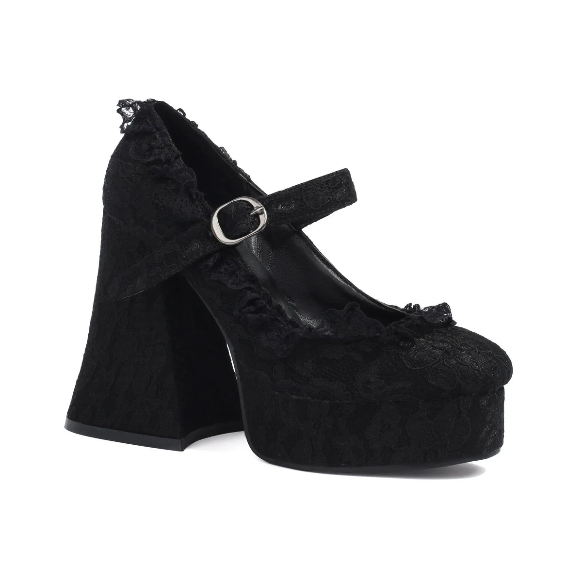 Waterproof Platform High Heels with Thick Sole Mary Jane Flats Elegant Lace Edged Single Shoes for Adults Pointed Toe Patchwork Design Coven Couture Collective
