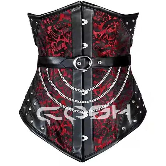 Gothic Red Brocade Floral Corset Black Leather Laced Up Underbust Steelboned With Hardware Chains Adjustable Buckle Strap Corset Coven Couture Collective