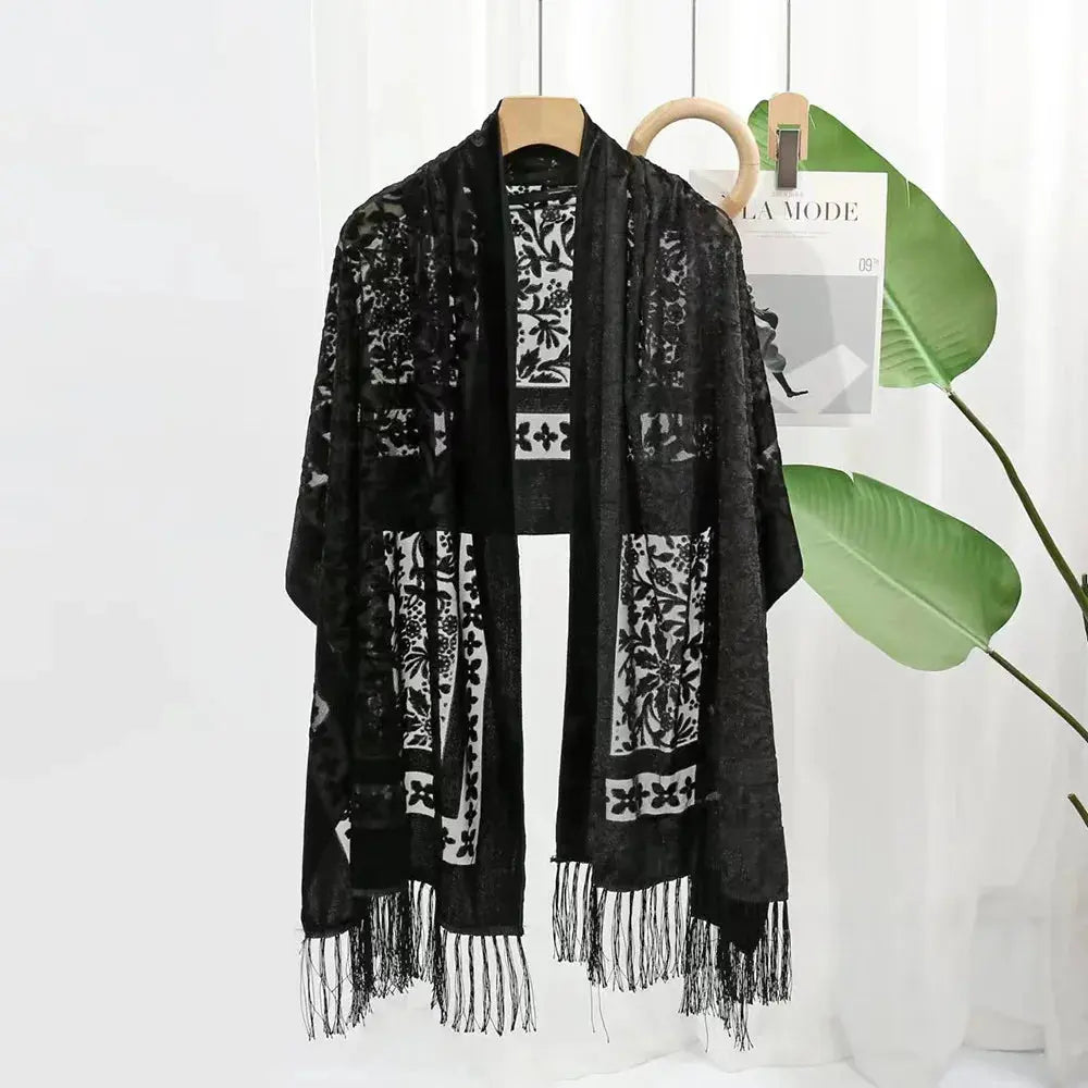 New Bohemian Ethnic Style Green Velvet Long Shawl Plain Color Floral Pattern Multi-Functional Scarf for Women's Summer Parties Coven Couture Collective