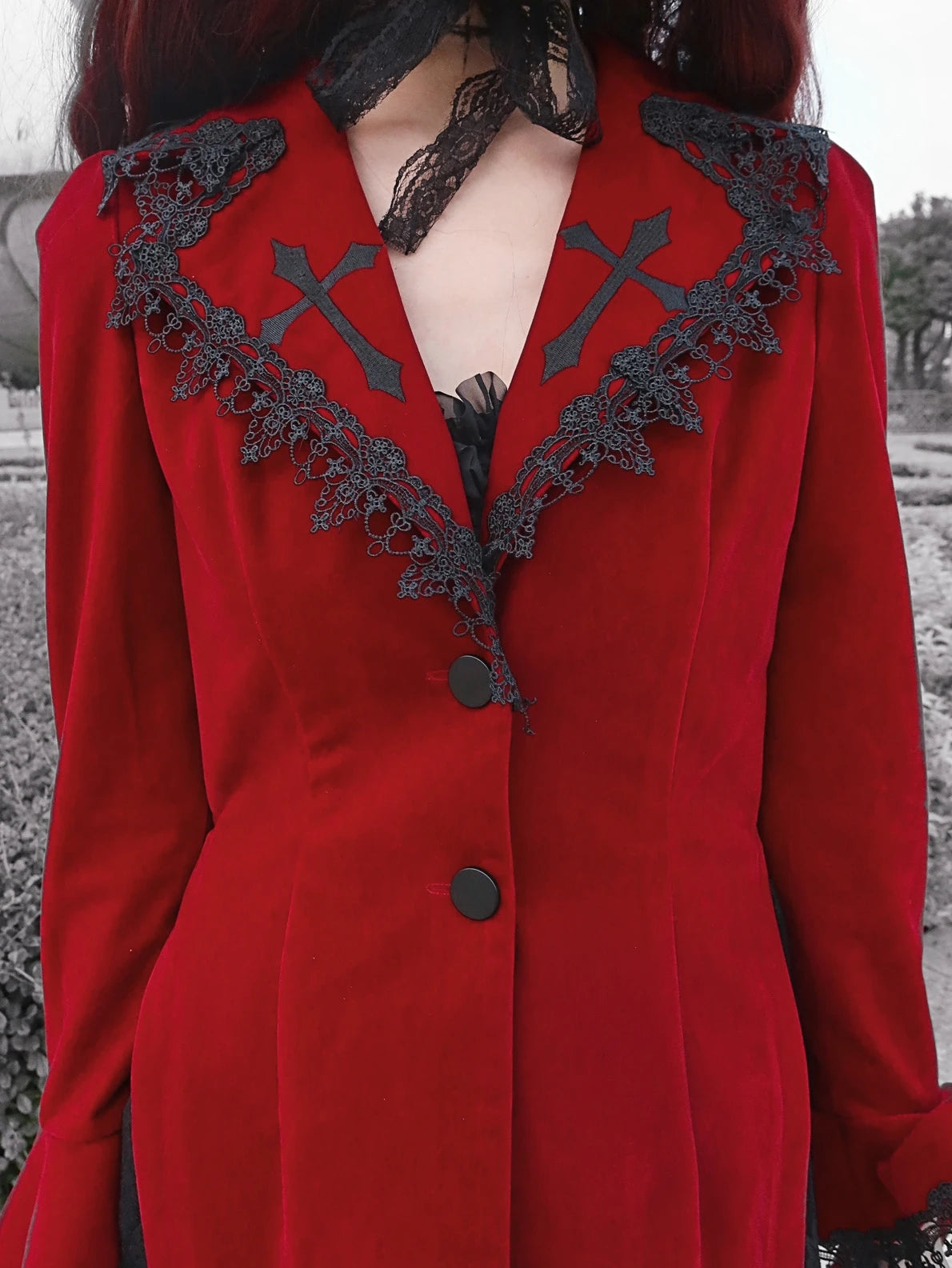 Blood Supply Original Design Red Wine Bloody Vampire Velour Slit Slim Long Blends Lace Patch Gothic Holloween Jackets Long Women Coven Couture Collective