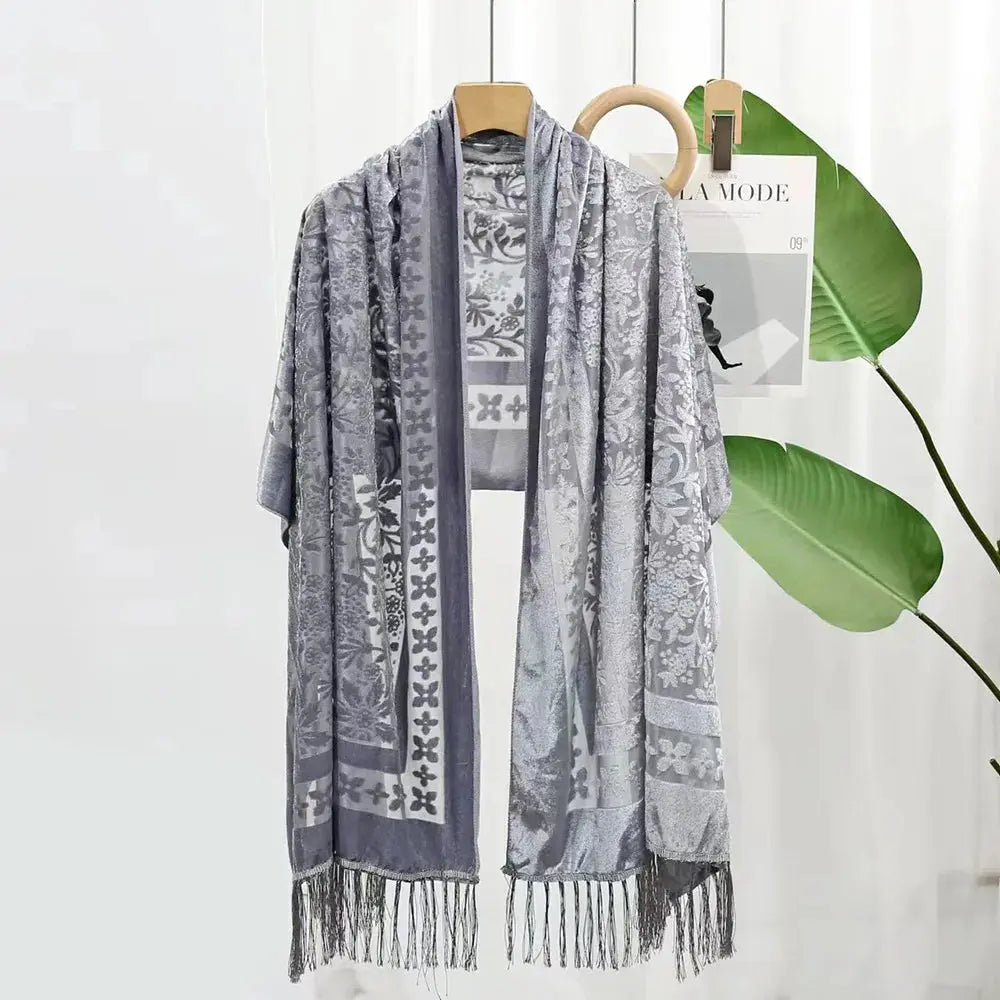 New Bohemian Ethnic Style Green Velvet Long Shawl Plain Color Floral Pattern Multi-Functional Scarf for Women's Summer Parties Coven Couture Collective