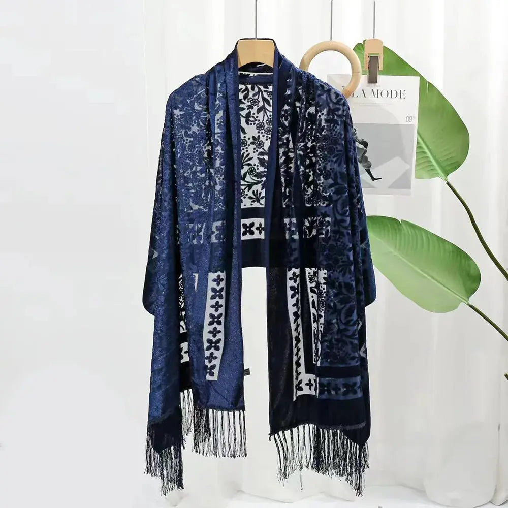 New Bohemian Ethnic Style Green Velvet Long Shawl Plain Color Floral Pattern Multi-Functional Scarf for Women's Summer Parties Coven Couture Collective