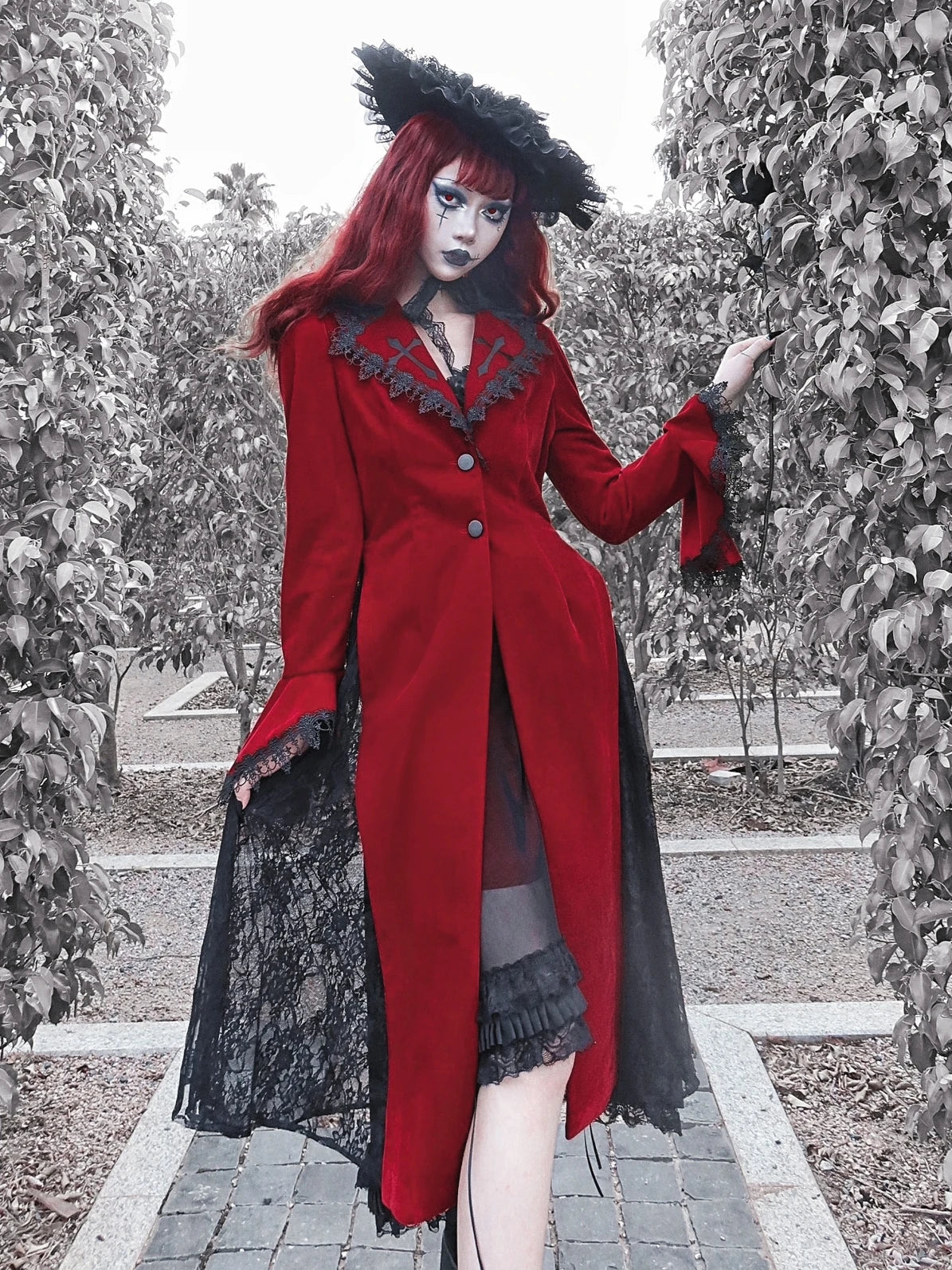 Blood Supply Original Design Red Wine Bloody Vampire Velour Slit Slim Long Blends Lace Patch Gothic Holloween Jackets Long Women Coven Couture Collective