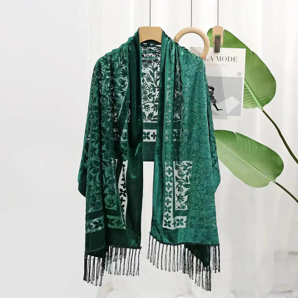 New Bohemian Ethnic Style Green Velvet Long Shawl Plain Color Floral Pattern Multi-Functional Scarf for Women's Summer Parties Coven Couture Collective
