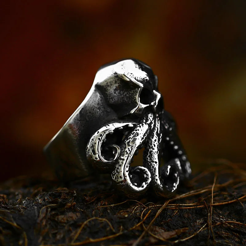 Antique Style Stainless Steel Men's Ring with Skull Octopus Design Gemstone Inlay Retro Punk Gothic Biker Fashion Jewelry Coven Couture Collective