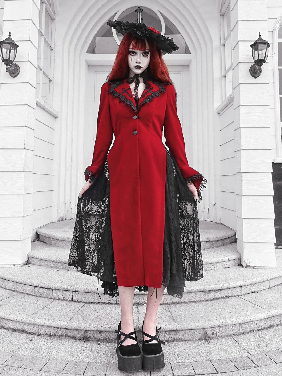Blood Supply Original Design Red Wine Bloody Vampire Velour Slit Slim Long Blends Lace Patch Gothic Holloween Jackets Long Women Coven Couture Collective