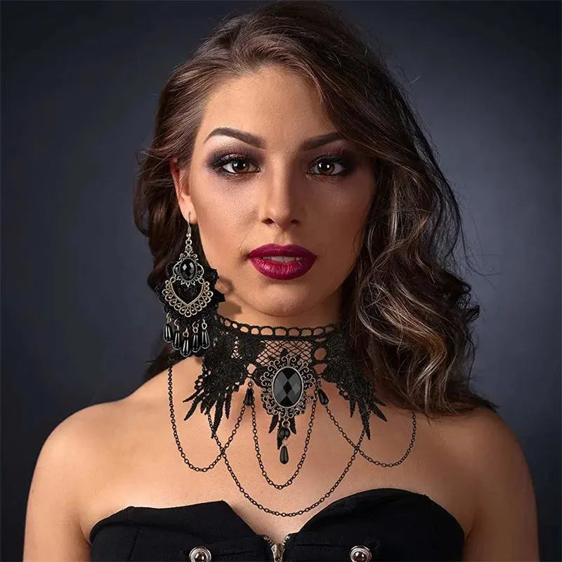YiYaoFa Handmade Exaggerated Jewelry Set Gothic Jewelry Black Lace Necklace & Earring Women Accessories Party Jewelry FYS-01 Coven Couture Collective
