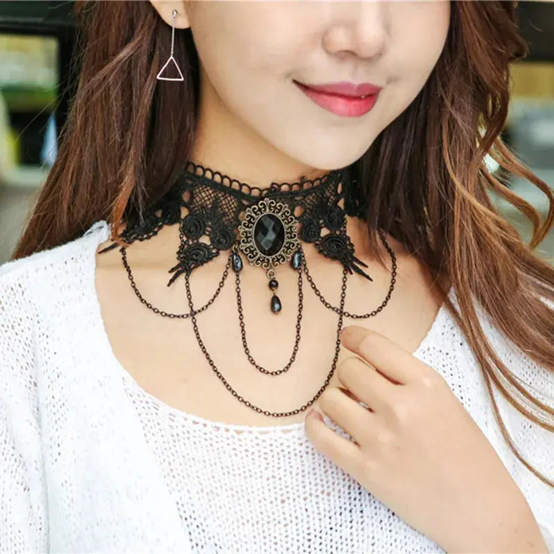 YiYaoFa Handmade Exaggerated Jewelry Set Gothic Jewelry Black Lace Necklace & Earring Women Accessories Party Jewelry FYS-01 Coven Couture Collective