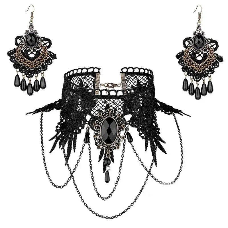YiYaoFa Handmade Exaggerated Jewelry Set Gothic Jewelry Black Lace Necklace & Earring Women Accessories Party Jewelry FYS-01 Coven Couture Collective