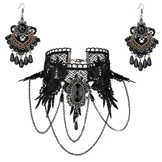 YiYaoFa Handmade Exaggerated Jewelry Set Gothic Jewelry Black Lace Necklace & Earring Women Accessories Party Jewelry FYS-01 Coven Couture Collective