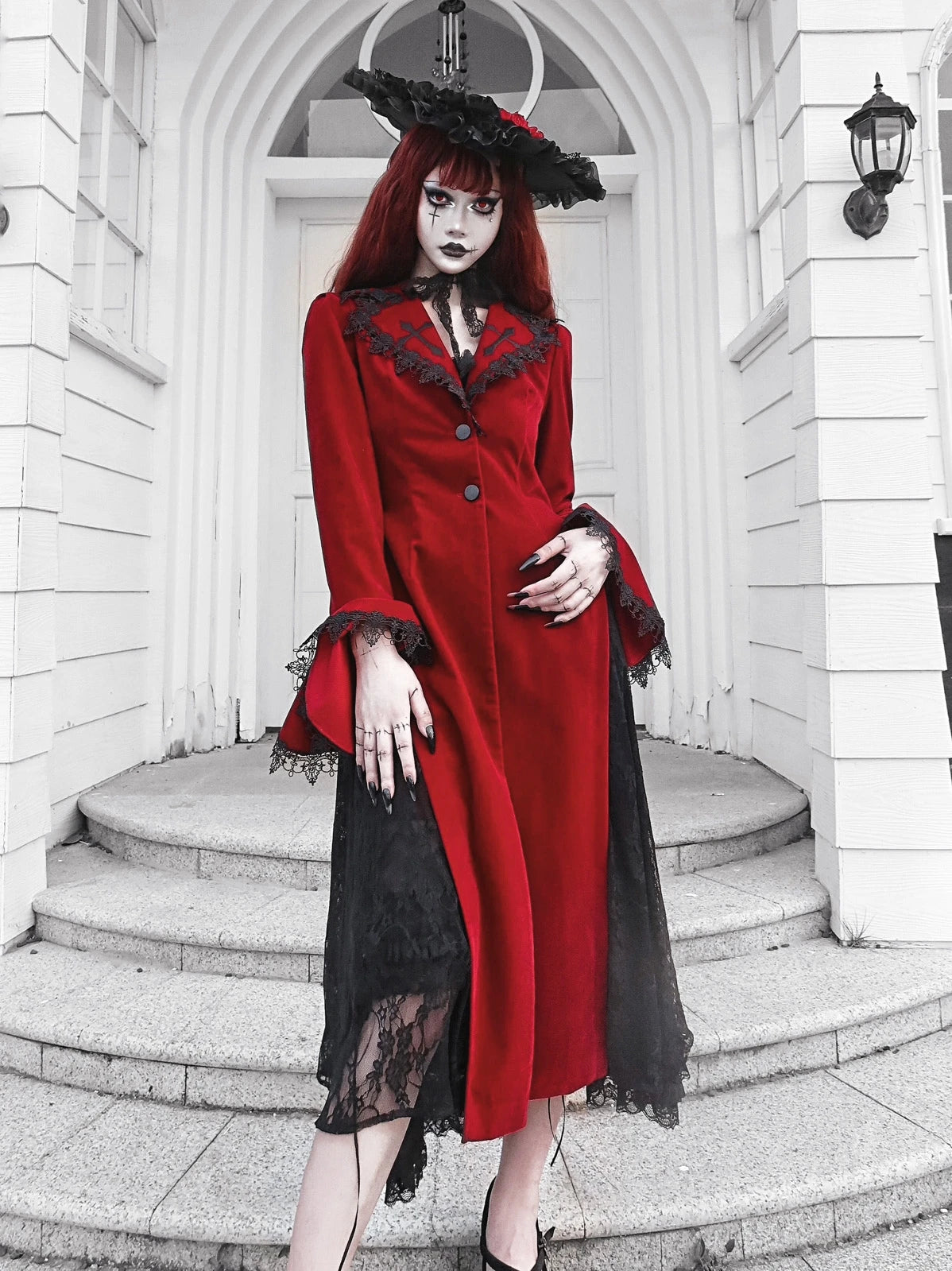 Blood Supply Original Design Red Wine Bloody Vampire Velour Slit Slim Long Blends Lace Patch Gothic Holloween Jackets Long Women Coven Couture Collective
