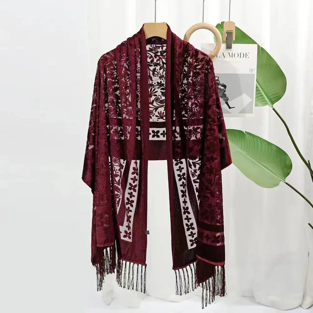 New Bohemian Ethnic Style Green Velvet Long Shawl Plain Color Floral Pattern Multi-Functional Scarf for Women's Summer Parties Coven Couture Collective