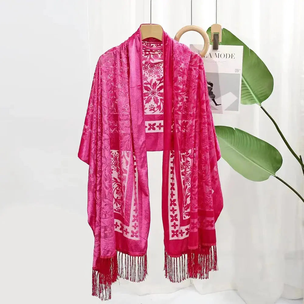 New Bohemian Ethnic Style Green Velvet Long Shawl Plain Color Floral Pattern Multi-Functional Scarf for Women's Summer Parties Coven Couture Collective