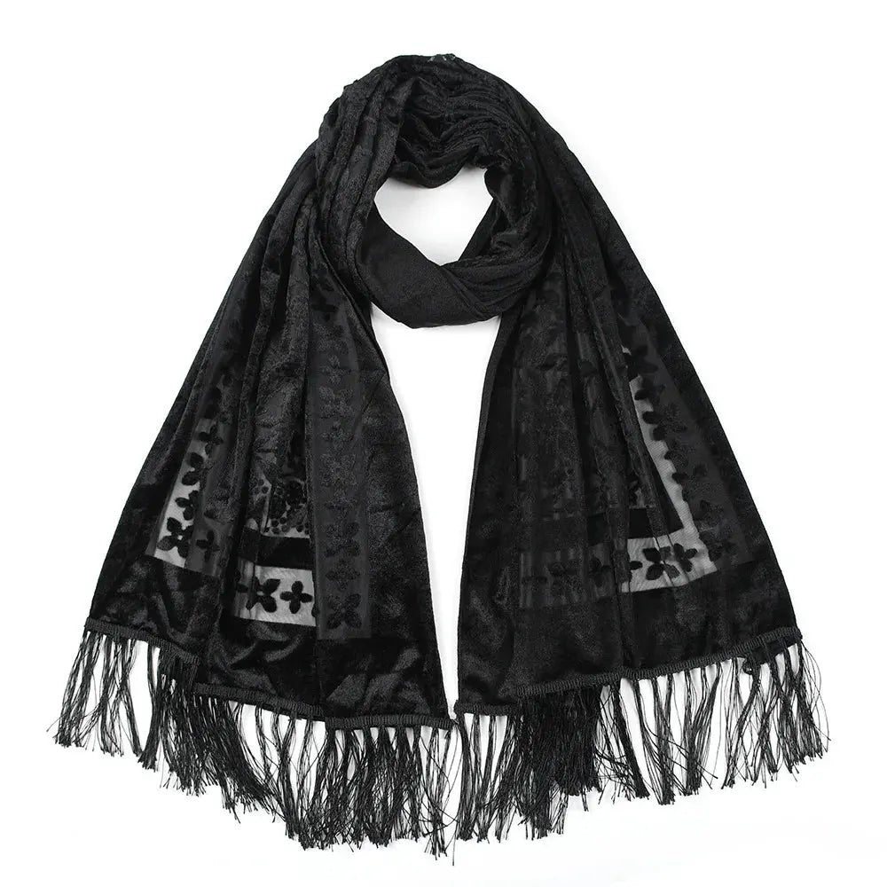 New Bohemian Ethnic Style Green Velvet Long Shawl Plain Color Floral Pattern Multi-Functional Scarf for Women's Summer Parties Coven Couture Collective