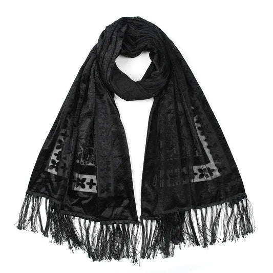 New Bohemian Ethnic Style Green Velvet Long Shawl Plain Color Floral Pattern Multi-Functional Scarf for Women's Summer Parties Coven Couture Collective