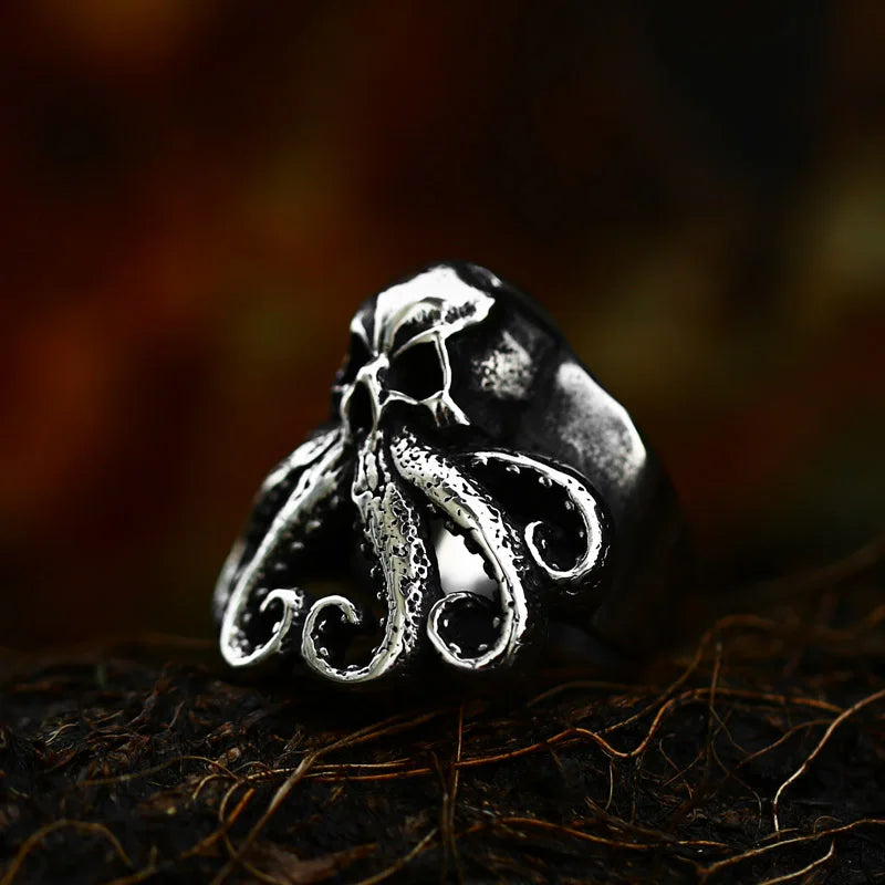 Antique Style Stainless Steel Men's Ring with Skull Octopus Design Gemstone Inlay Retro Punk Gothic Biker Fashion Jewelry Coven Couture Collective