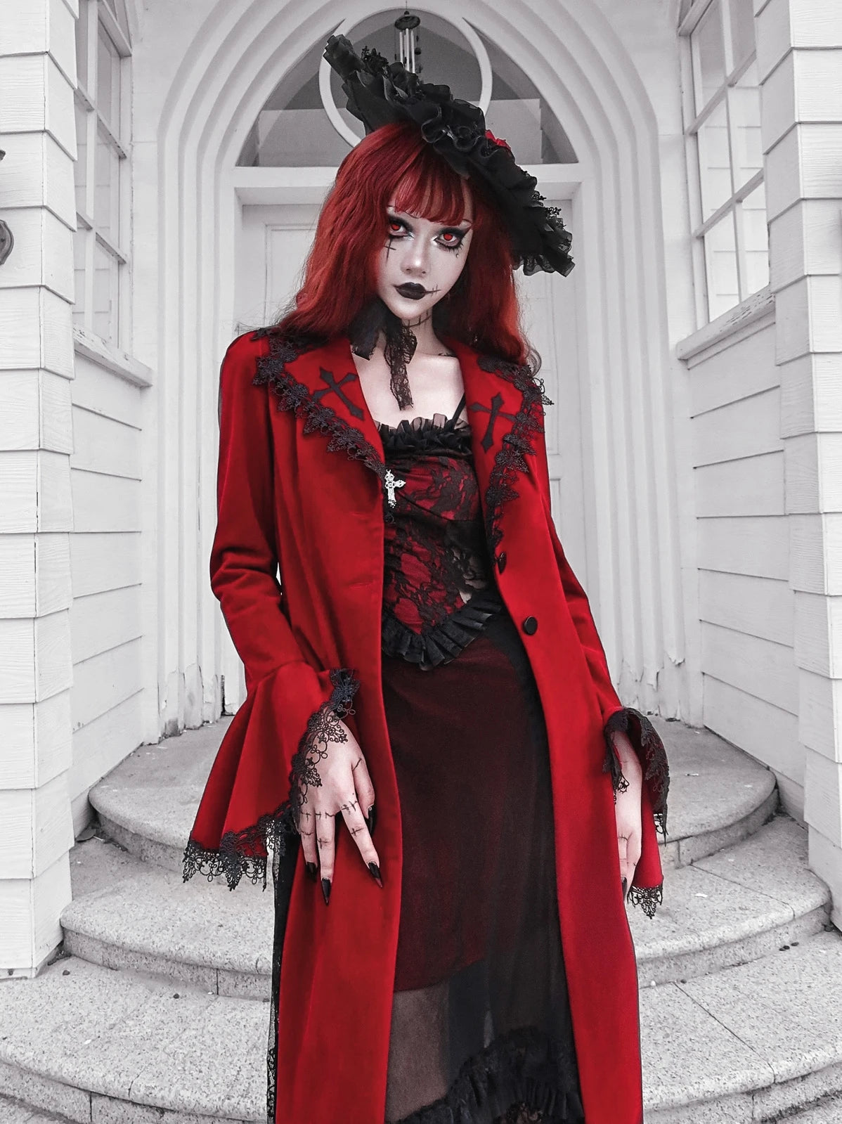 Blood Supply Original Design Red Wine Bloody Vampire Velour Slit Slim Long Blends Lace Patch Gothic Holloween Jackets Long Women Coven Couture Collective