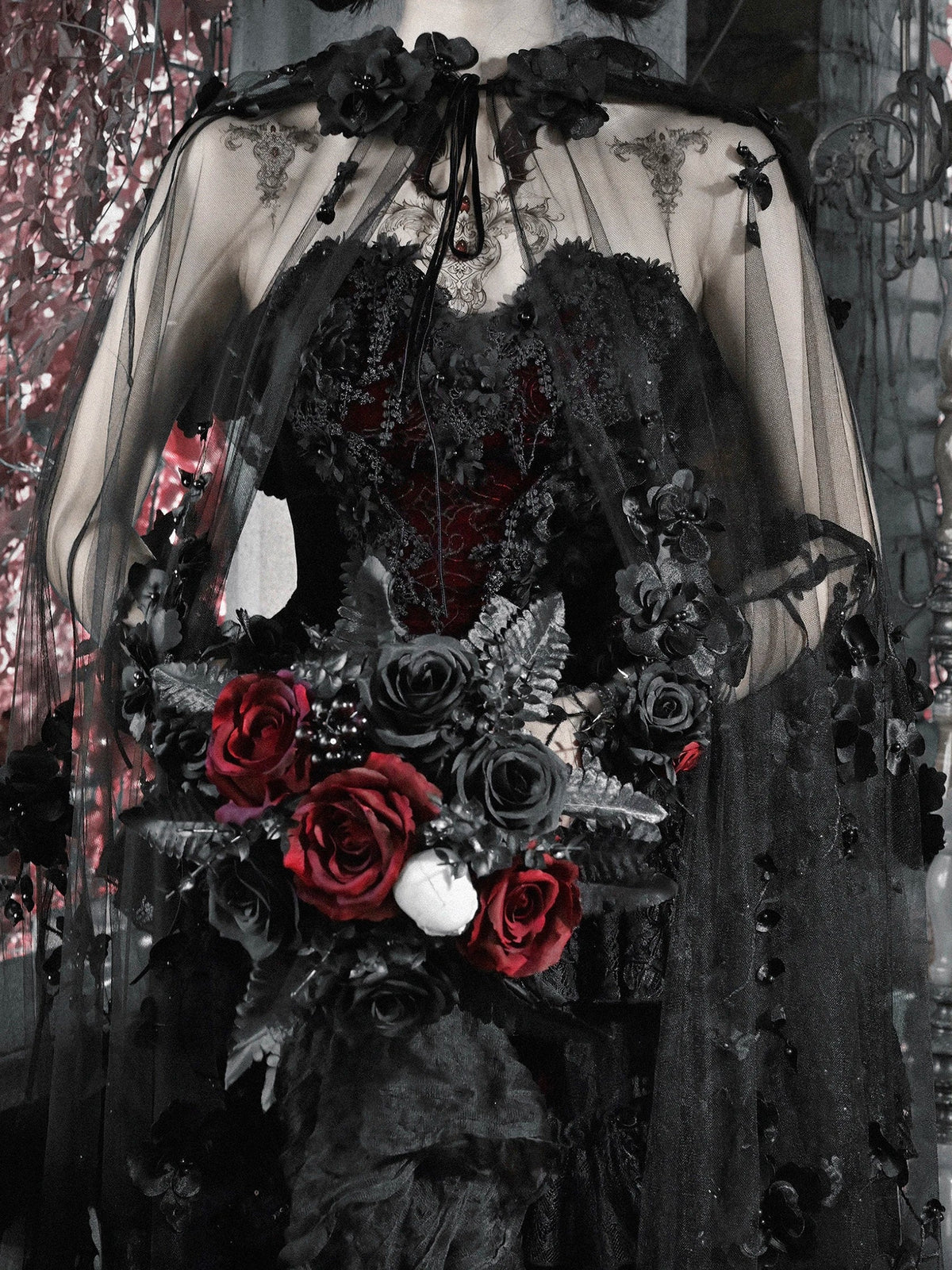 Blood Supply Original Design Gothic Florals Beading Embroidery Hooded Long Ponchos Transparent Meash Halloween Cape Winter Coven Couture Collective