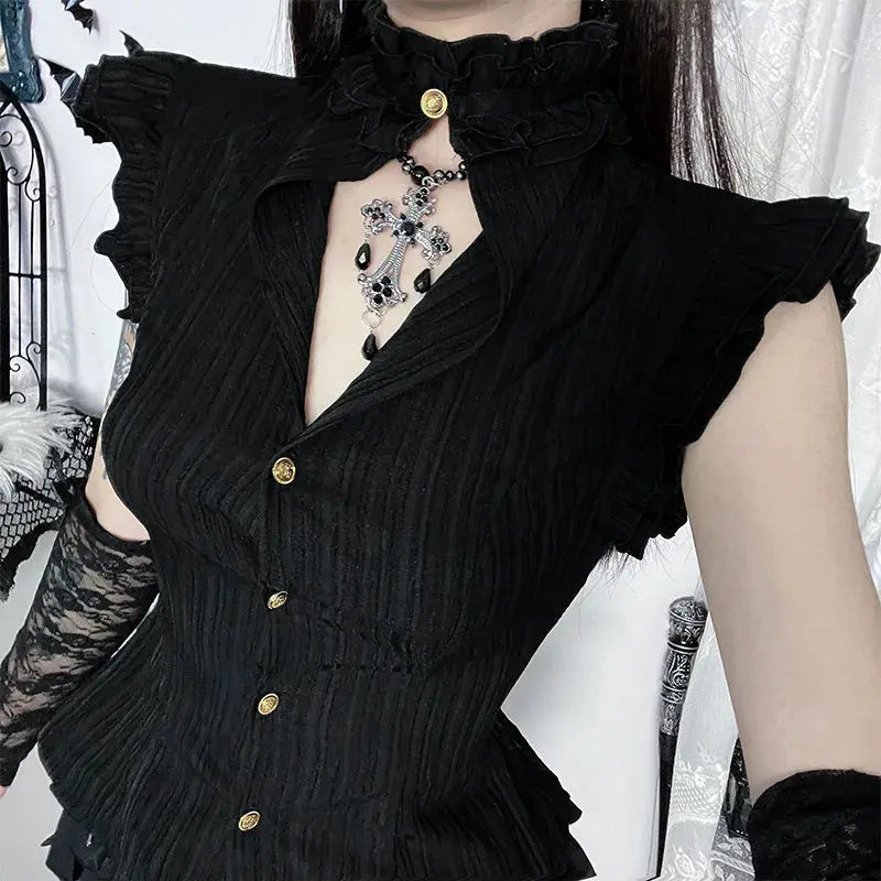 Goth Dark 90s Grunge Single Breasted Slim Wasit Shirt Blouses Women Alt Teachwear Mall Gothic Stringy Selvedge Sleeveless Shirts Coven Couture Collective