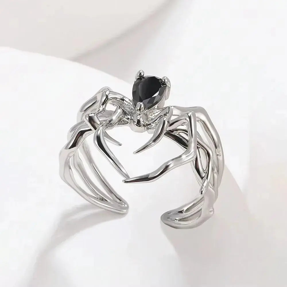 Punk Spider Rings for Women Silver Color Dark Retro Black Gem Spider Ring Hip-Hop Halloween Jewelry Accessories Coven Couture Collective