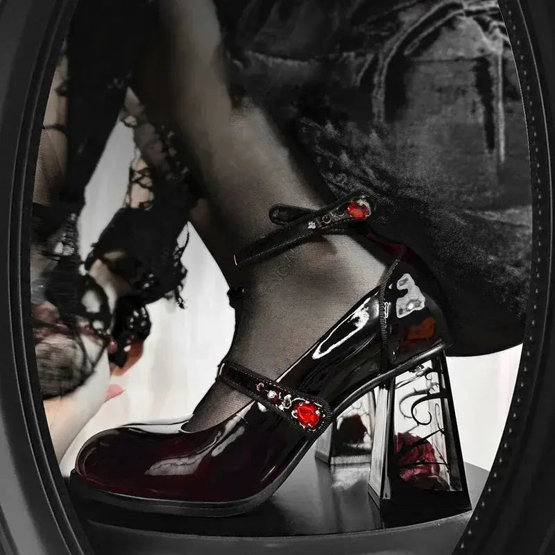 Punk Gothic High Heels Pumps Women 2024 New Rose Heeled Patent Leather Shoes Woman Ankle Straps Black Mary Jane Shoes Coven Couture Collective