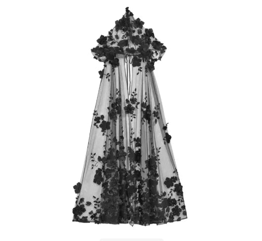 Blood Supply Original Design Gothic Florals Beading Embroidery Hooded Long Ponchos Transparent Meash Halloween Cape Winter Coven Couture Collective
