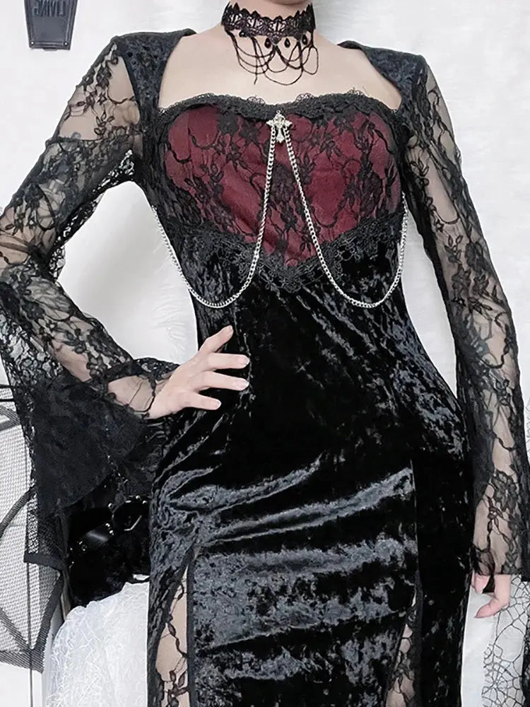 Goth Dark Elegant Mall Gothic Women Evening Dresses Grunge Aesthetic E-girl Velvet Midi Dress Lace Splice Sexy Split Alt Outfits Coven Couture Collective