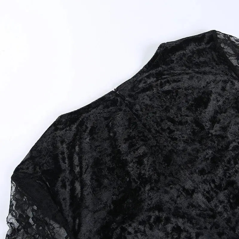 Goth Dark Elegant Mall Gothic Women Evening Dresses Grunge Aesthetic E-girl Velvet Midi Dress Lace Splice Sexy Split Alt Outfits Coven Couture Collective