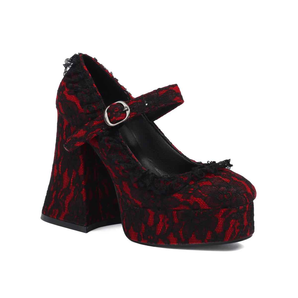 Waterproof Platform High Heels with Thick Sole Mary Jane Flats Elegant Lace Edged Single Shoes for Adults Pointed Toe Patchwork Design Coven Couture Collective