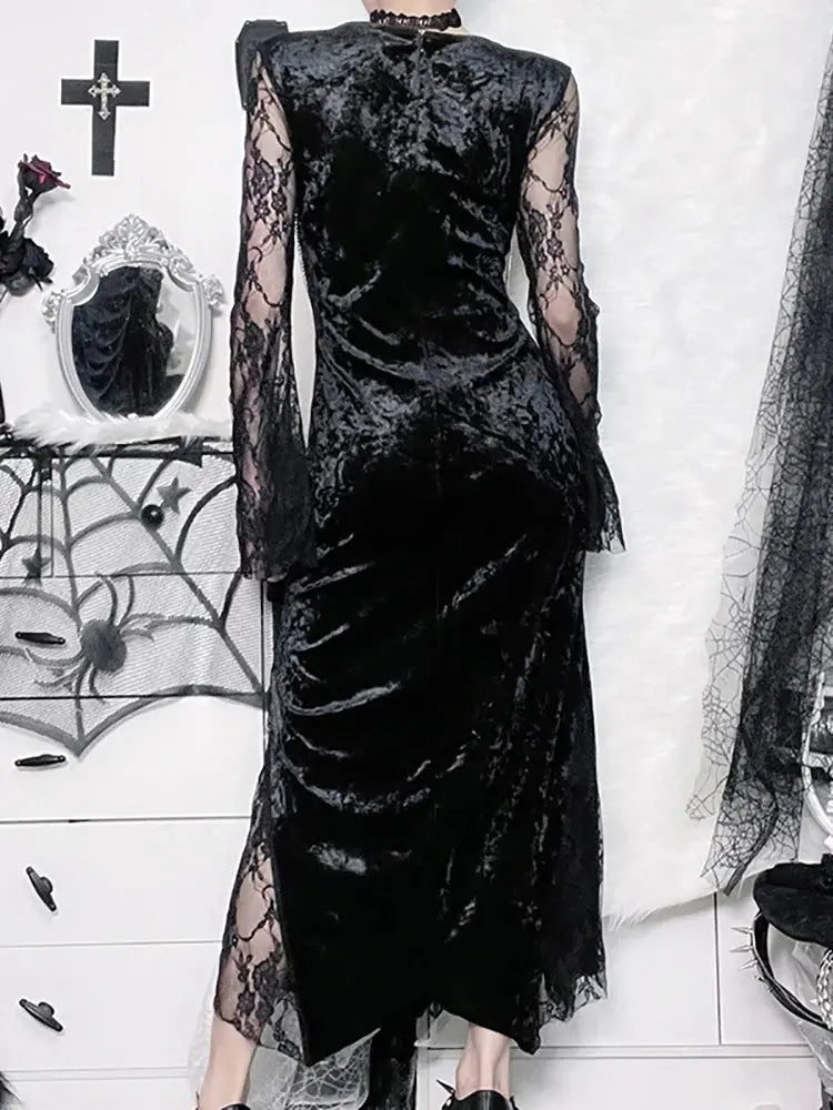 Goth Dark Elegant Mall Gothic Women Evening Dresses Grunge Aesthetic E-girl Velvet Midi Dress Lace Splice Sexy Split Alt Outfits Coven Couture Collective