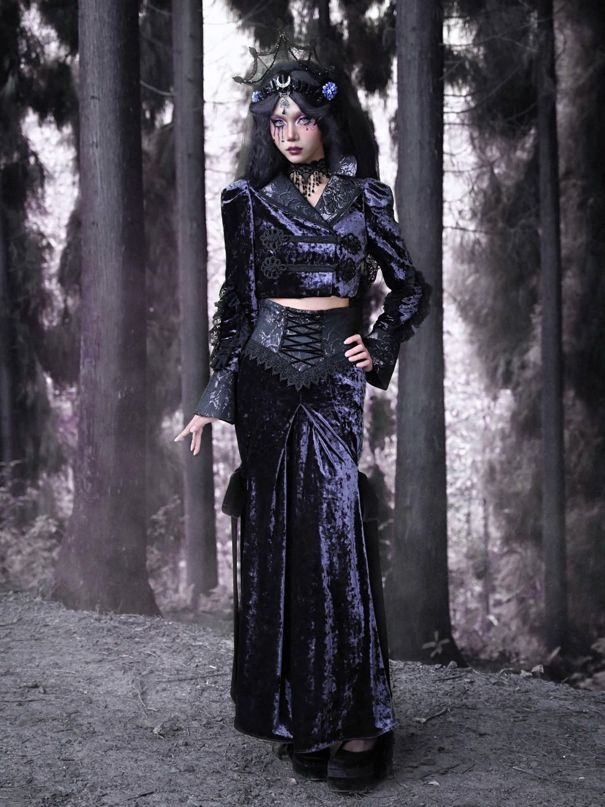 Blood Supply New Purple Velvet Slim-fit Lace-up Fishtail Skirt Gothic Lace Party Halloween Trumpet Long Skirt for Women 2023 Coven Couture Collective