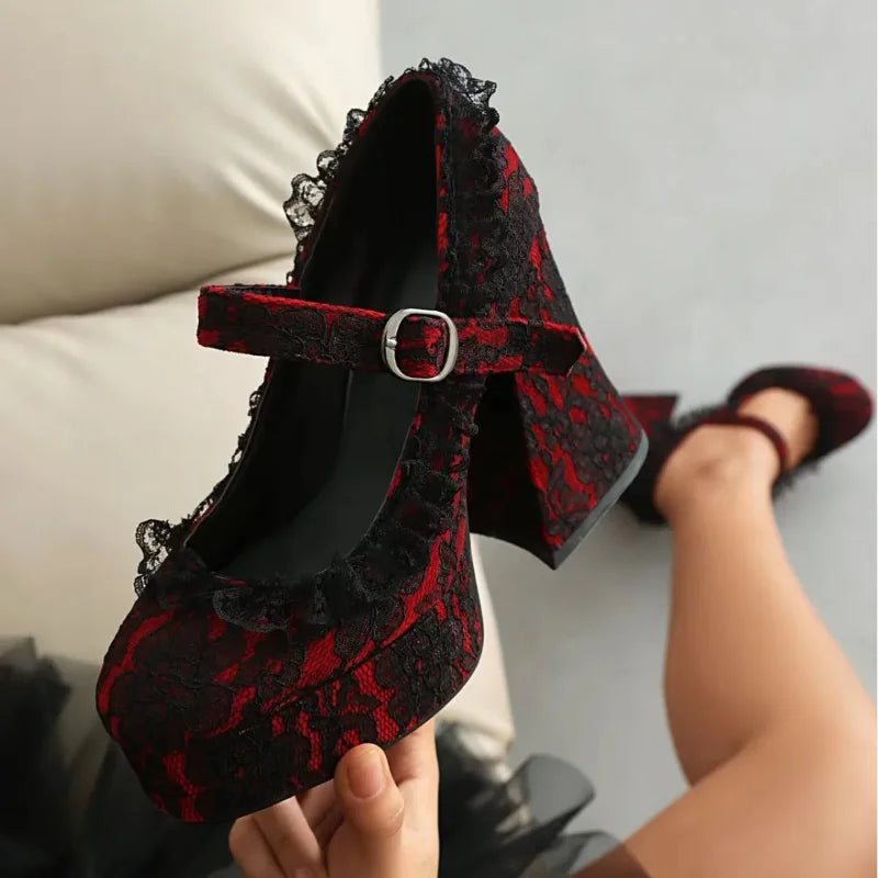 Coven Couture Collective - Waterproof Platform High Heels with Thick Sole Mary Jane Flats Elegant Lace Edged Single Shoes for Adults Pointed Toe Patchwork Design