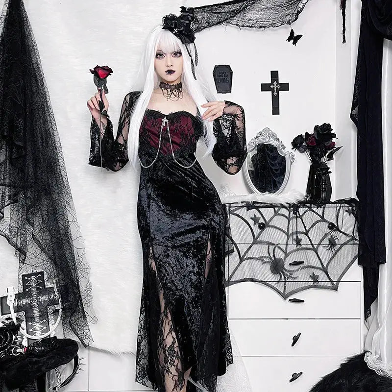 Goth Dark Elegant Mall Gothic Women Evening Dresses Grunge Aesthetic E-girl Velvet Midi Dress Lace Splice Sexy Split Alt Outfits Coven Couture Collective