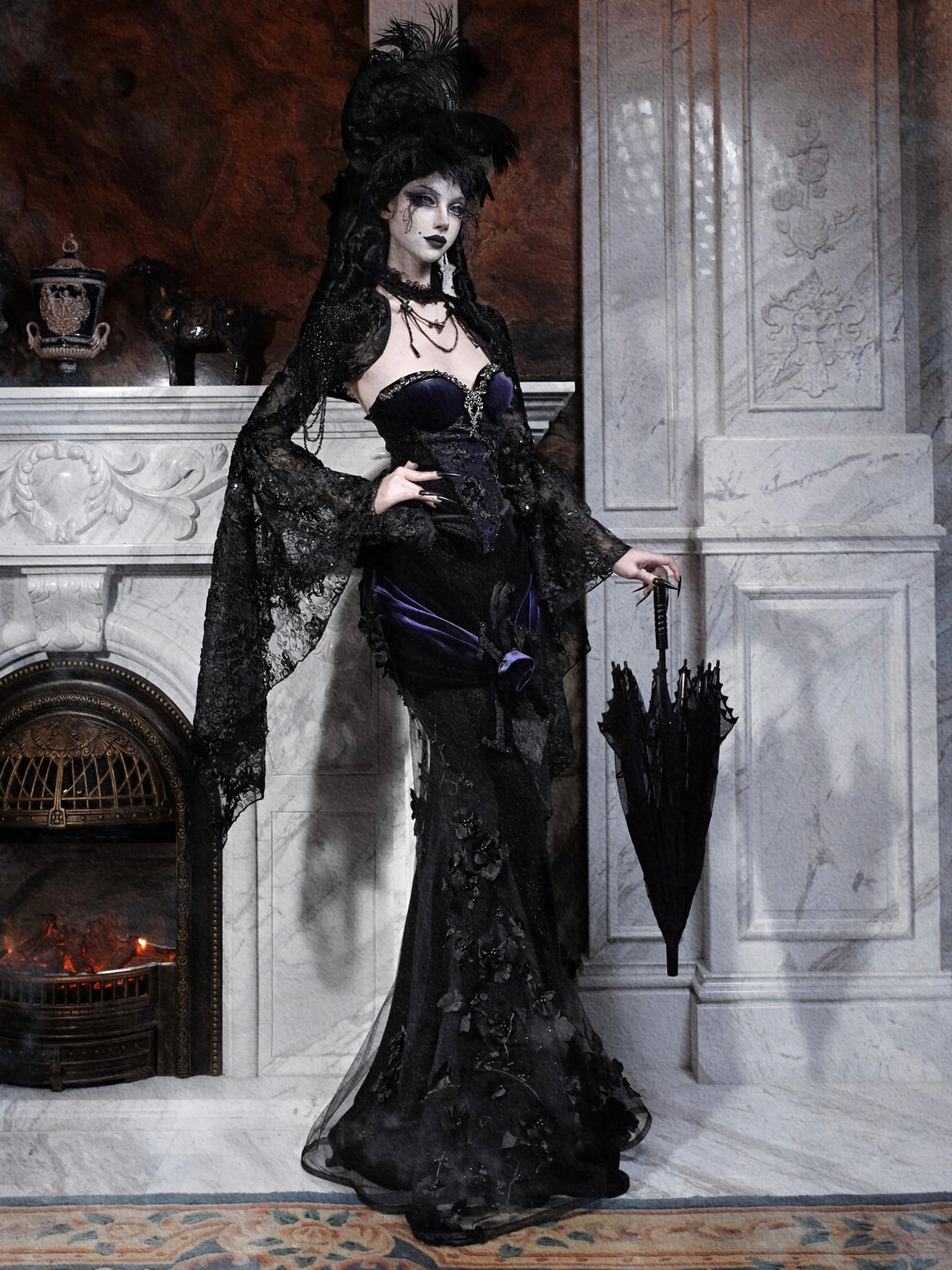 Blood Supply Original Design Gothic Luxury Embroid Mesh Patch Trumpet Skirt Rose X-long Halloween Velour Skirts Jupe Autumn Coven Couture Collective