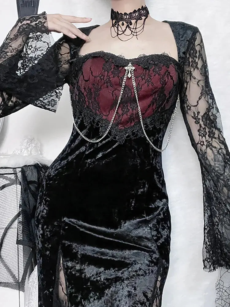 Goth Dark Elegant Mall Gothic Women Evening Dresses Grunge Aesthetic E-girl Velvet Midi Dress Lace Splice Sexy Split Alt Outfits Coven Couture Collective