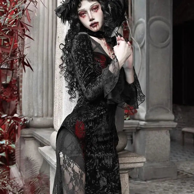 Blood Supply Original Design Vampire Black Red Dress Lace Patch Gothic Velvet Trumpet Long Sleeve X-Long Dress Halloween Coven Couture Collective