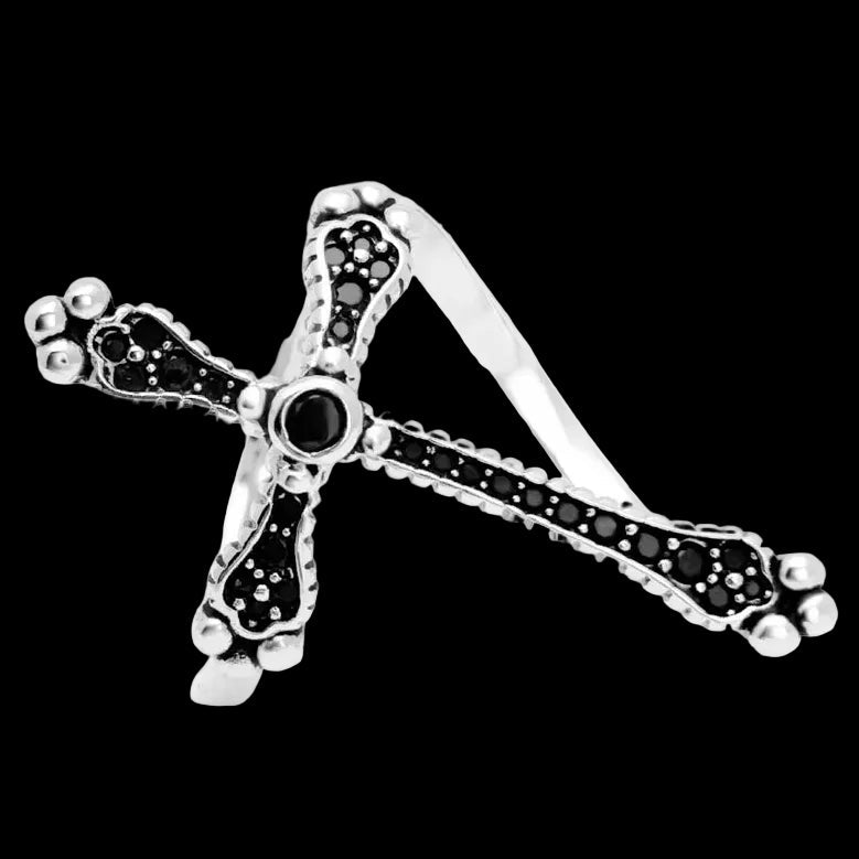 Victorian Royalty Cross Ring with Black Stones for Women 925 Sterling Silver Vintage Jewellery Coven Couture Collective