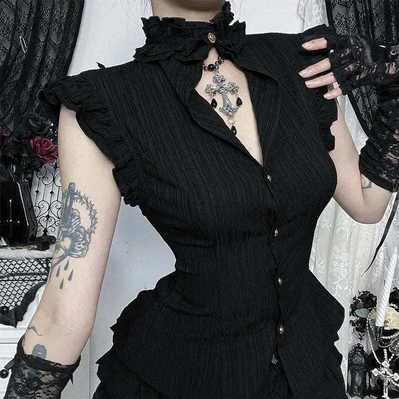 Goth Dark 90s Grunge Single Breasted Slim Wasit Shirt Blouses Women Alt Teachwear Mall Gothic Stringy Selvedge Sleeveless Shirts Coven Couture Collective