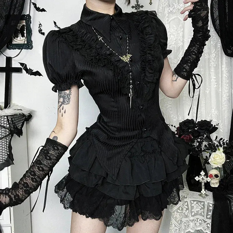 Goth Dark Kawaii Black Short Sleeve Buttons Shirt Lace-up Blouses Mall Gothic Slim Lapel Collar Stripe Shirts Women Alt Techwear Coven Couture Collective