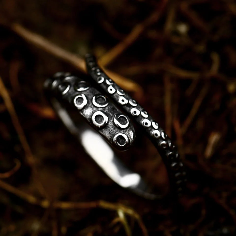 Antique Style Stainless Steel Men's Ring with Skull Octopus Design Gemstone Inlay Retro Punk Gothic Biker Fashion Jewelry Coven Couture Collective