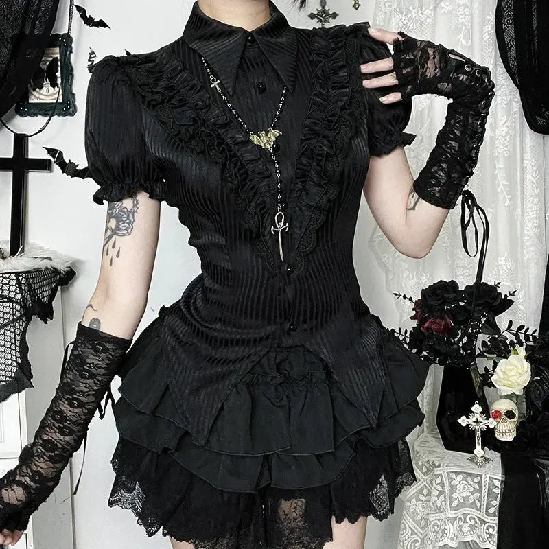 Goth Dark Kawaii Black Short Sleeve Buttons Shirt Lace-up Blouses Mall Gothic Slim Lapel Collar Stripe Shirts Women Alt Techwear Coven Couture Collective