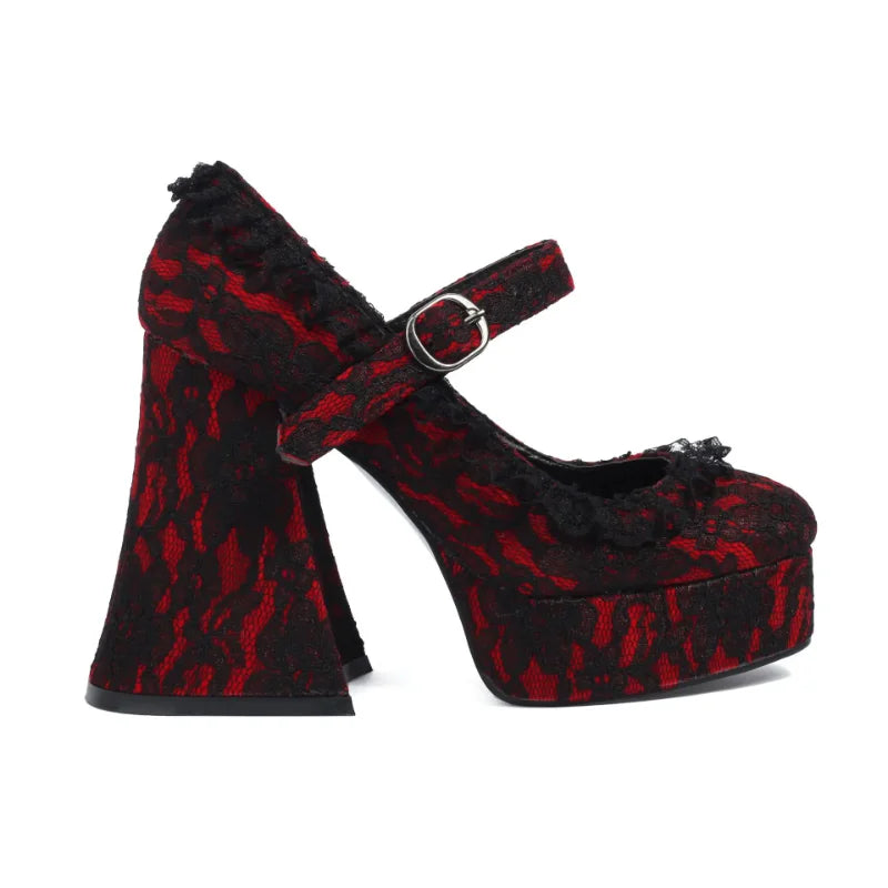 Waterproof Platform High Heels with Thick Sole Mary Jane Flats Elegant Lace Edged Single Shoes for Adults Pointed Toe Patchwork Design Coven Couture Collective