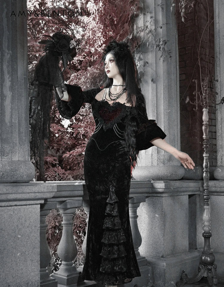 Blood Supply Original Retro Palace Style Goth Velvet Tube Top Dress Mermaid Dress Halloween Winter Subculture Sexy Hot Girl Sets Coven Couture Collective