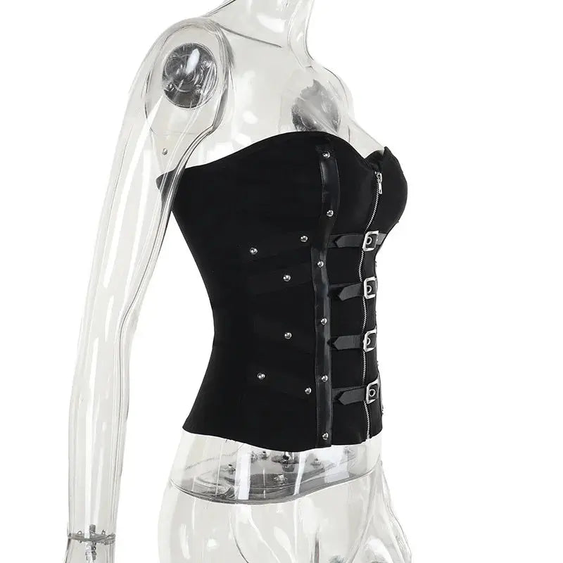 Goth Dark Punk Grunge Leather Buckle Strapless Corset Tops Mall Gothic Zip Women Tupe Top Y2K Coquette Streetwear Alt Tanks Vest Coven Couture Collective