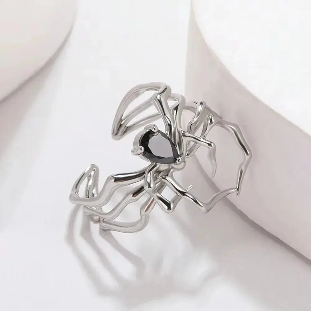 Punk Spider Rings for Women Silver Color Dark Retro Black Gem Spider Ring Hip-Hop Halloween Jewelry Accessories Coven Couture Collective