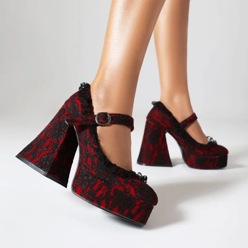 Waterproof Platform High Heels with Thick Sole Mary Jane Flats Elegant Lace Edged Single Shoes for Adults Pointed Toe Patchwork Design Coven Couture Collective