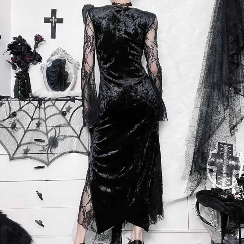 Goth Dark Elegant Mall Gothic Women Evening Dresses Grunge Aesthetic E-girl Velvet Midi Dress Lace Splice Sexy Split Alt Outfits Coven Couture Collective