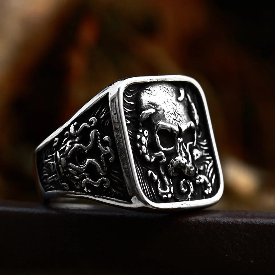 Antique Style Stainless Steel Men's Ring with Skull Octopus Design Gemstone Inlay Retro Punk Gothic Biker Fashion Jewelry Coven Couture Collective