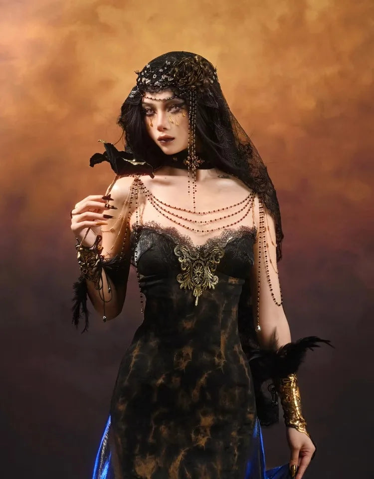 Blood Supply Original Gothic Golden European-style Classic Slim-fitting Sexy Big-flared Gorgeous Slip Dress Vestidos Coven Couture Collective