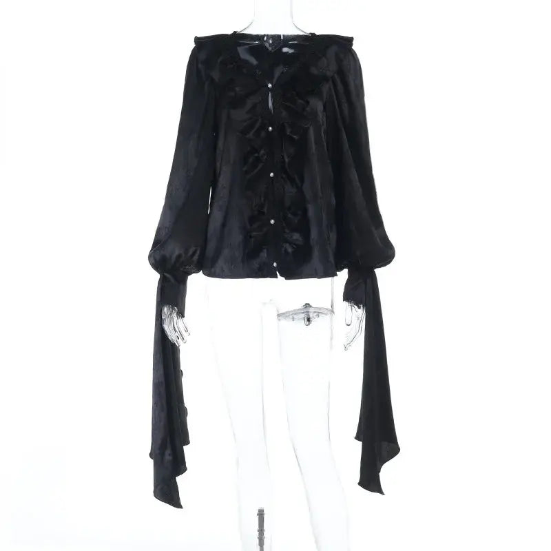 AltGoth Vintage Gothic Black Shirts Women Palace Style Streetwear Y2k E-girl Harajuku V-neck Ruffle Long Sleeve Bluose Cosplay Coven Couture Collective